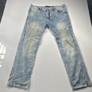 Spark Straight Light Blue Denim Jeans Paint Splatter Pleated Mens